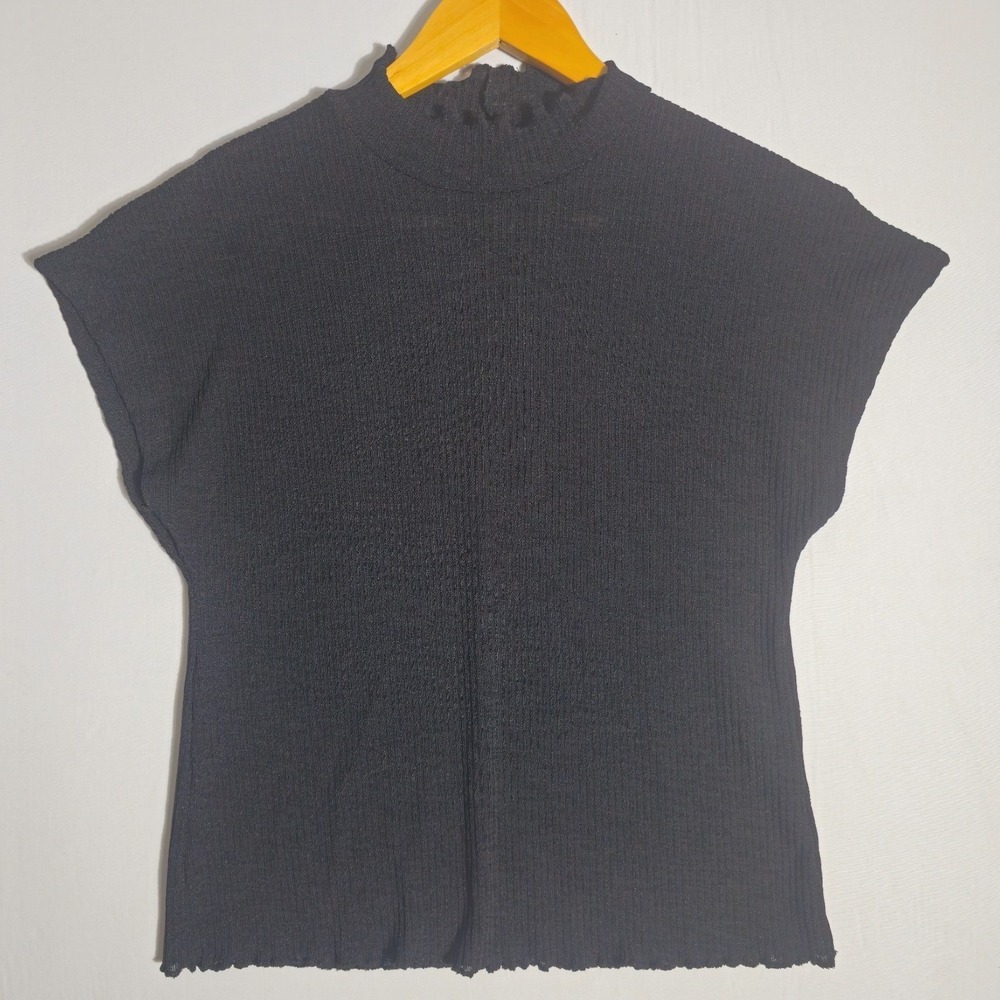 Zara Plisse Top Womens Small Black Stretch Textured Knit Cap Sleeve Mock Neck